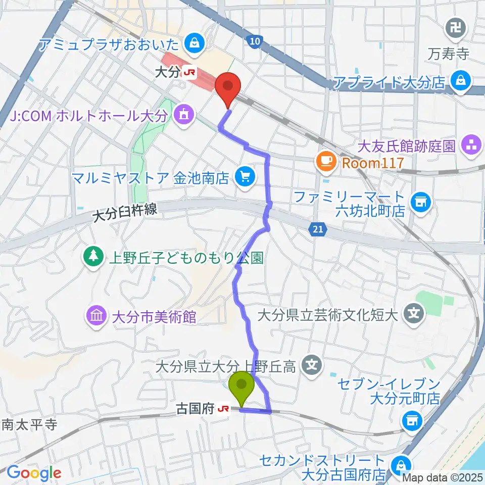 古国府駅からミュージックストアナガト大分店へのルートマップ地図