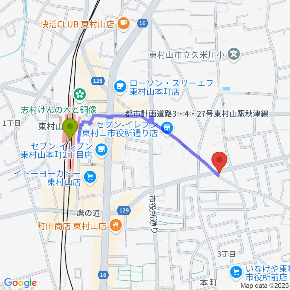 ムラコシ楽器店の最寄駅東村山駅からの徒歩ルート（約8分）地図