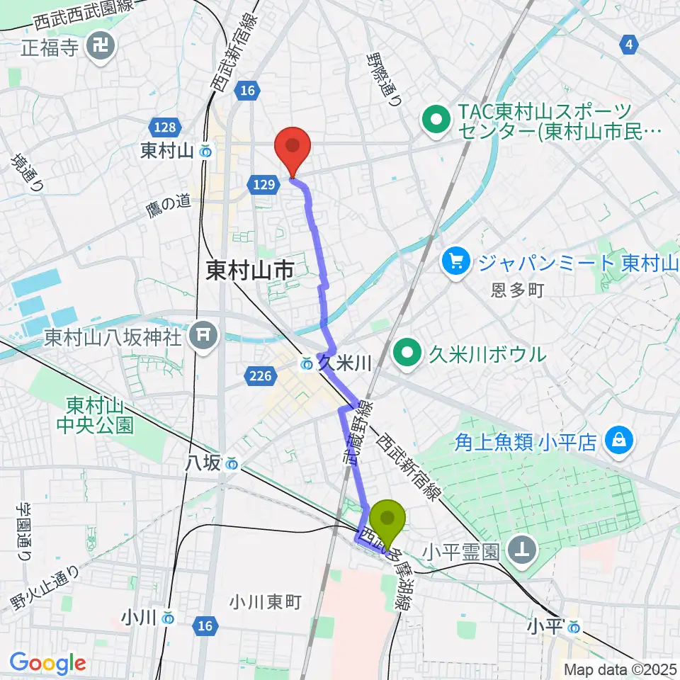 萩山駅からムラコシ楽器店へのルートマップ地図
