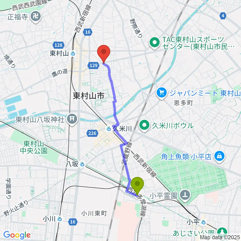 萩山駅からムラコシ楽器店へのルートマップ地図