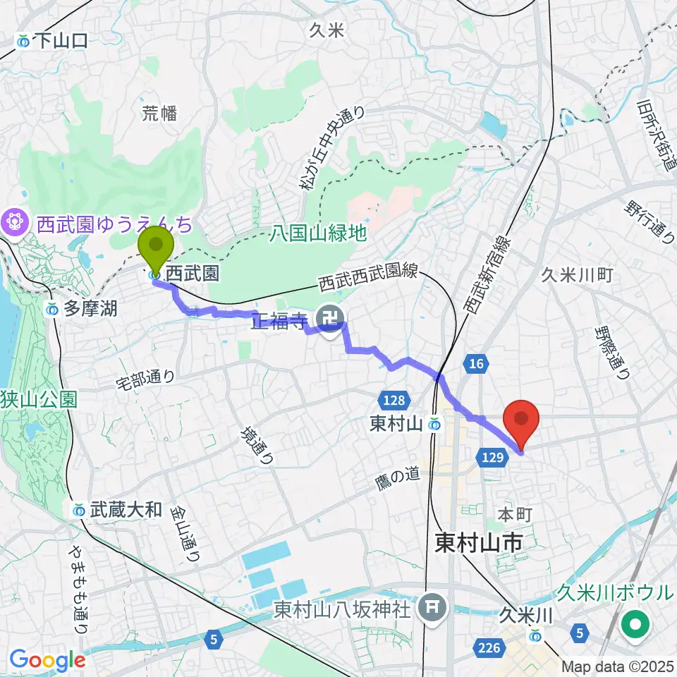 西武園駅からムラコシ楽器店へのルートマップ地図