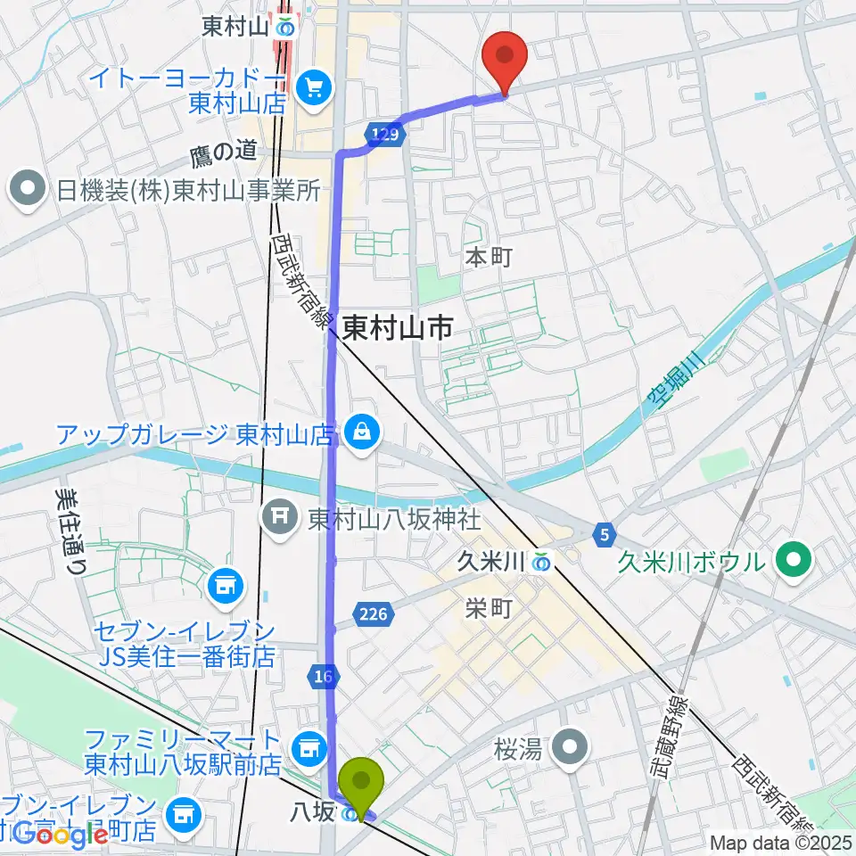 八坂駅からムラコシ楽器店へのルートマップ地図
