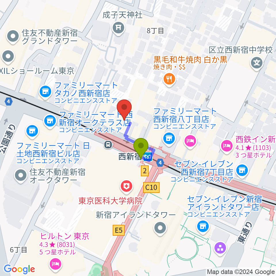 村松楽器 新宿店の最寄駅西新宿駅からの徒歩ルート（約1分）地図