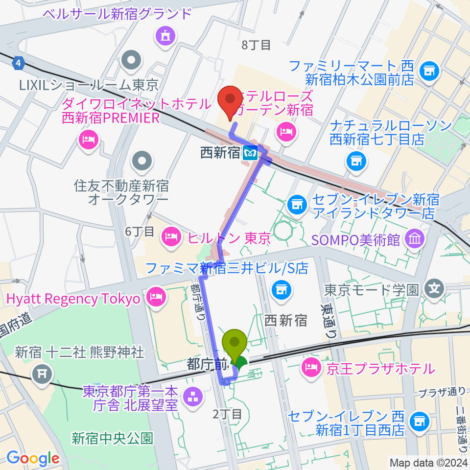 都庁前駅から村松楽器 新宿店へのルートマップ地図