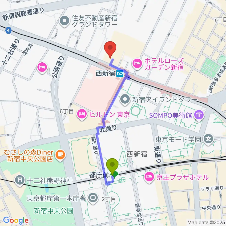 都庁前駅から村松楽器 新宿店へのルートマップ地図