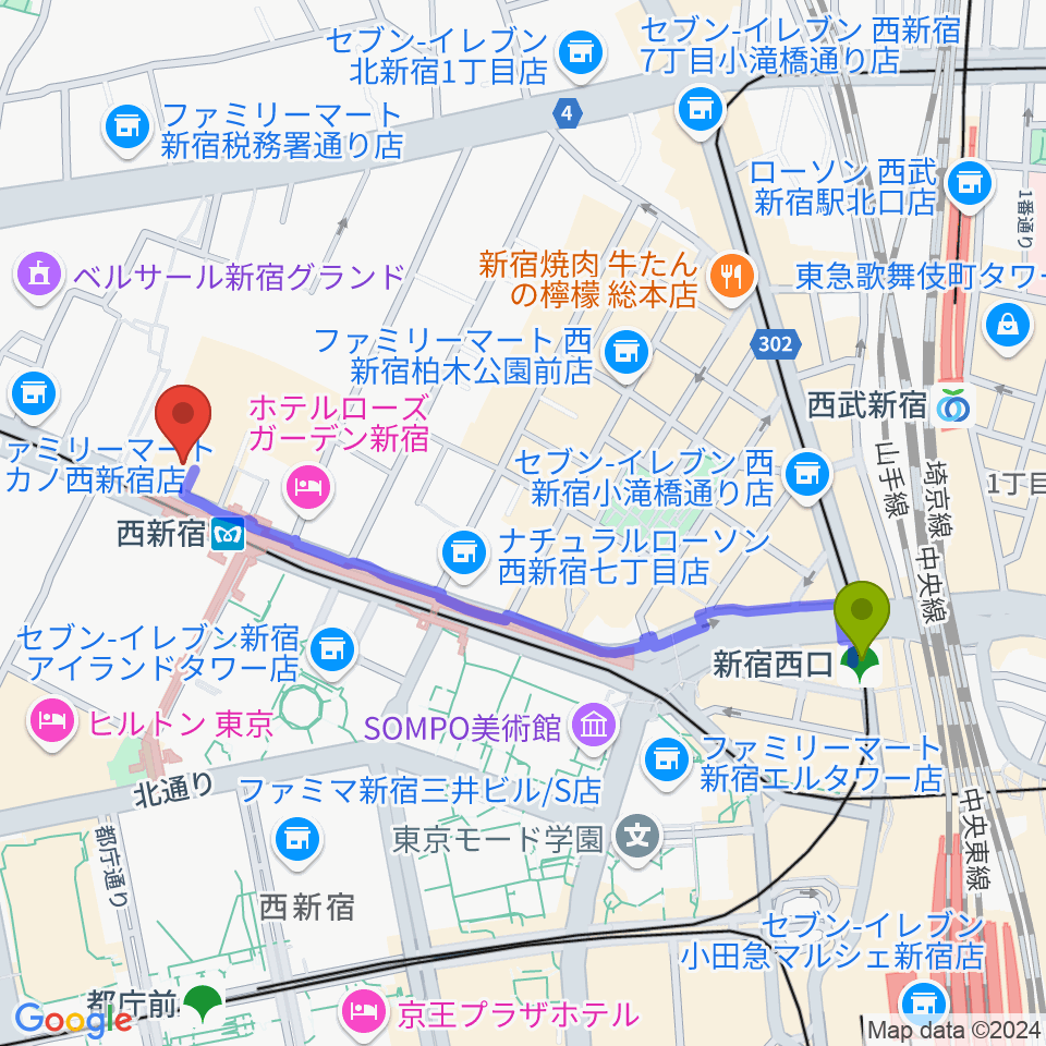 新宿西口駅から村松楽器 新宿店へのルートマップ地図