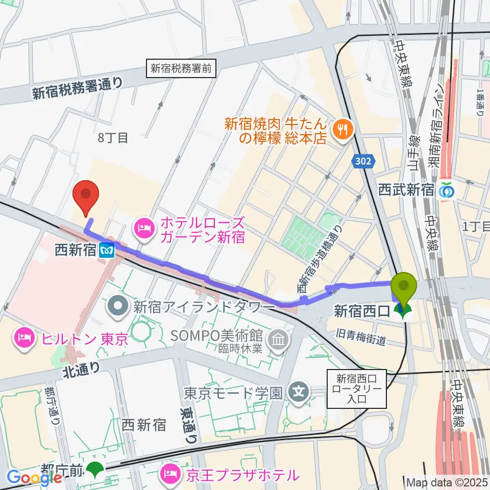 新宿西口駅から村松楽器 新宿店へのルートマップ地図