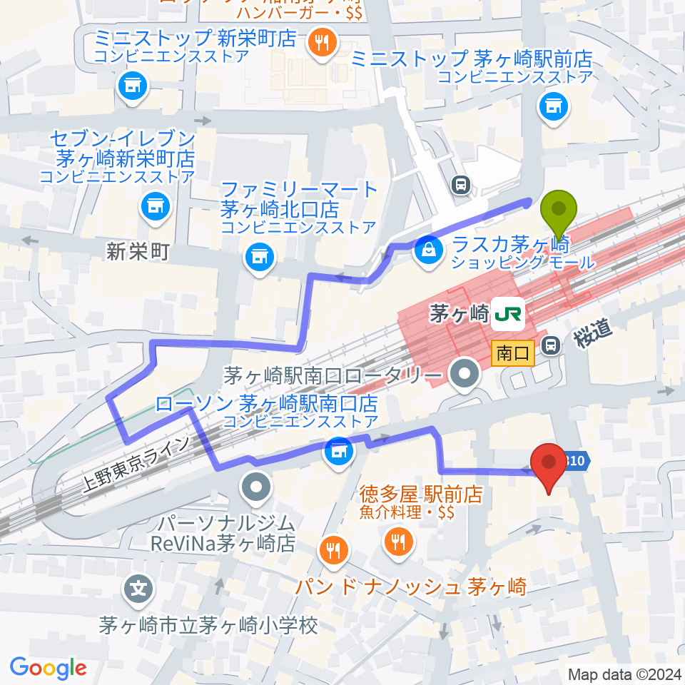 長谷川楽器本店の最寄駅茅ケ崎駅からの徒歩ルート（約3分）地図