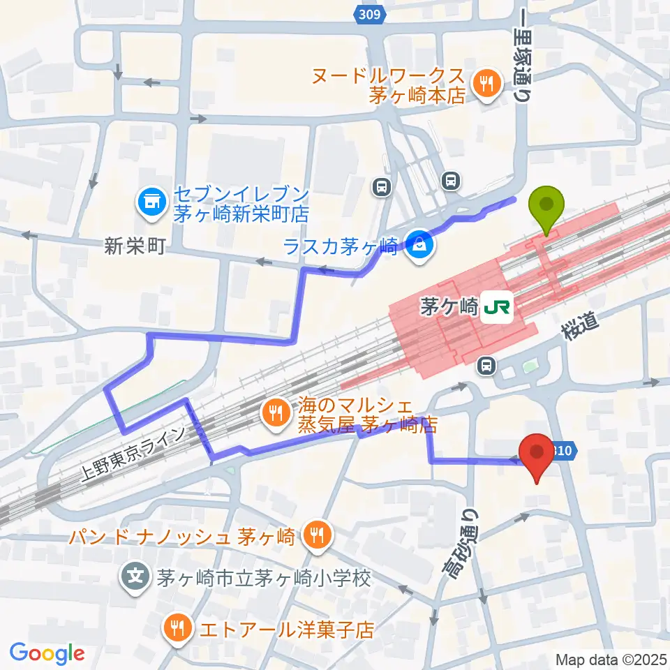 長谷川楽器本店の最寄駅茅ケ崎駅からの徒歩ルート（約3分）地図
