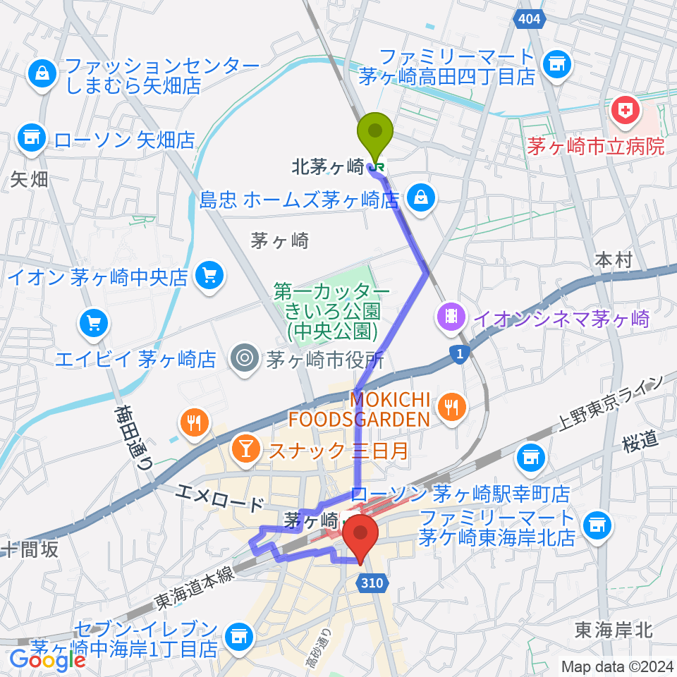 北茅ケ崎駅から長谷川楽器本店へのルートマップ地図