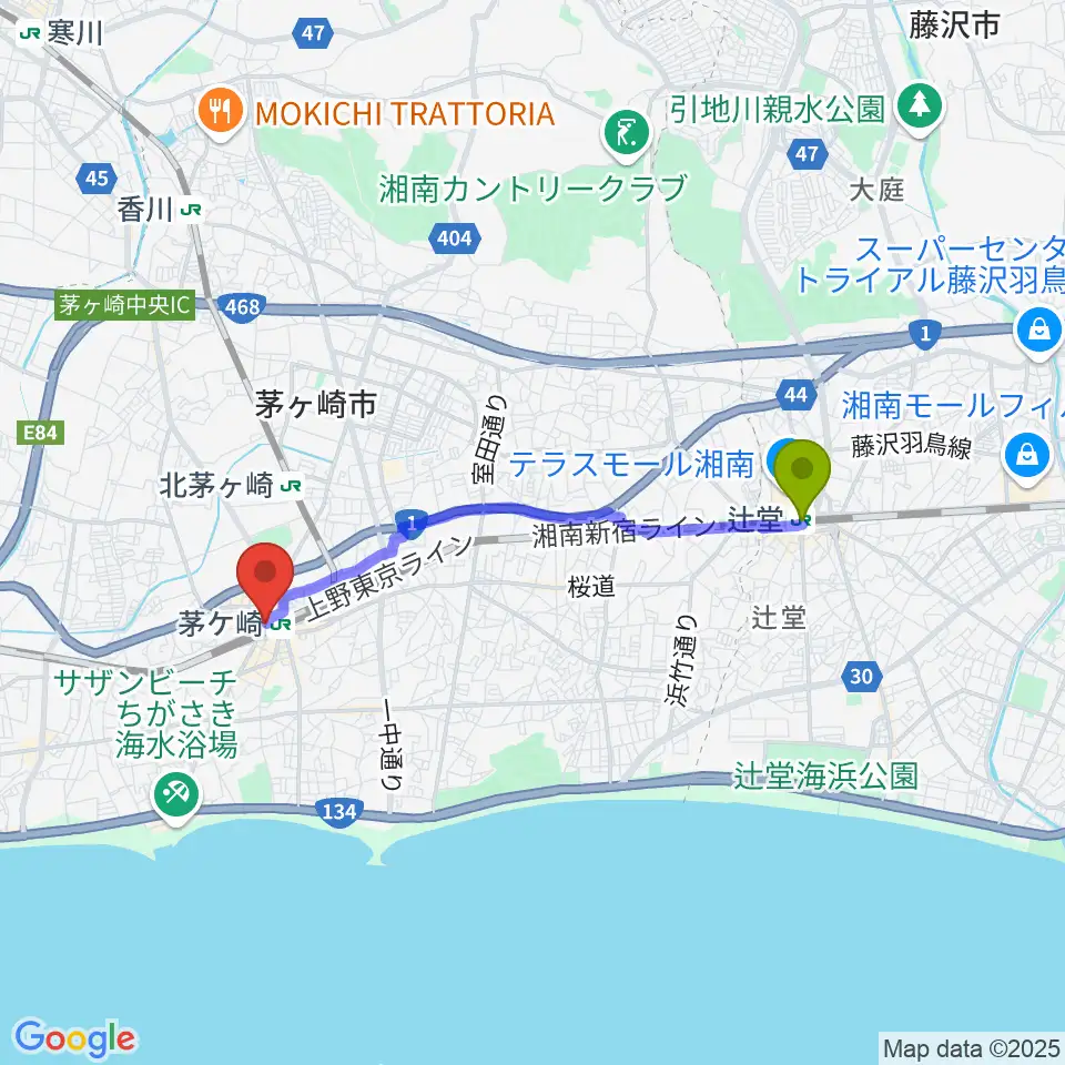 辻堂駅から長谷川楽器北口店へのルートマップ地図