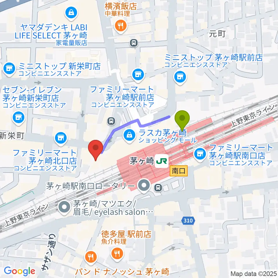 長谷川楽器北口店の最寄駅茅ケ崎駅からの徒歩ルート（約3分）地図