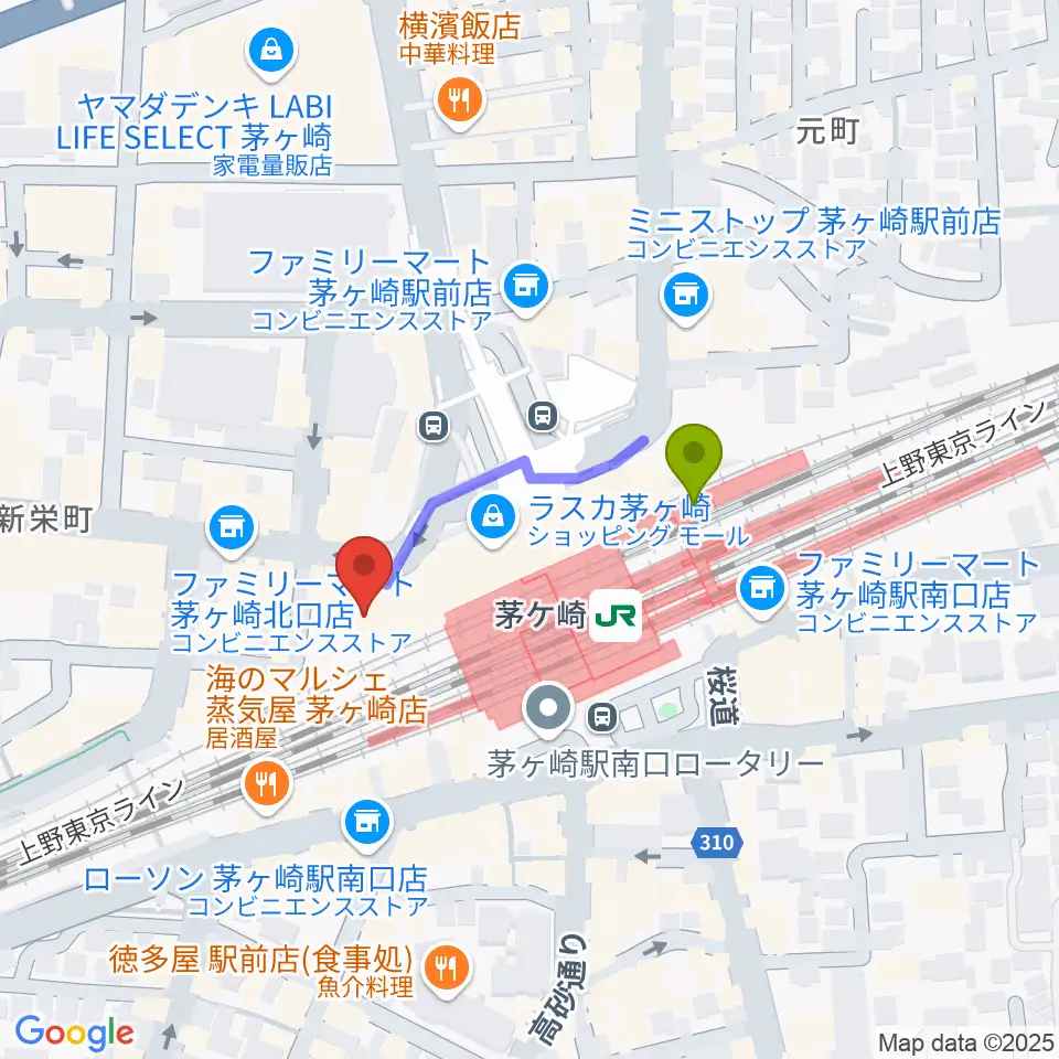 長谷川楽器北口店の最寄駅茅ケ崎駅からの徒歩ルート（約3分）地図
