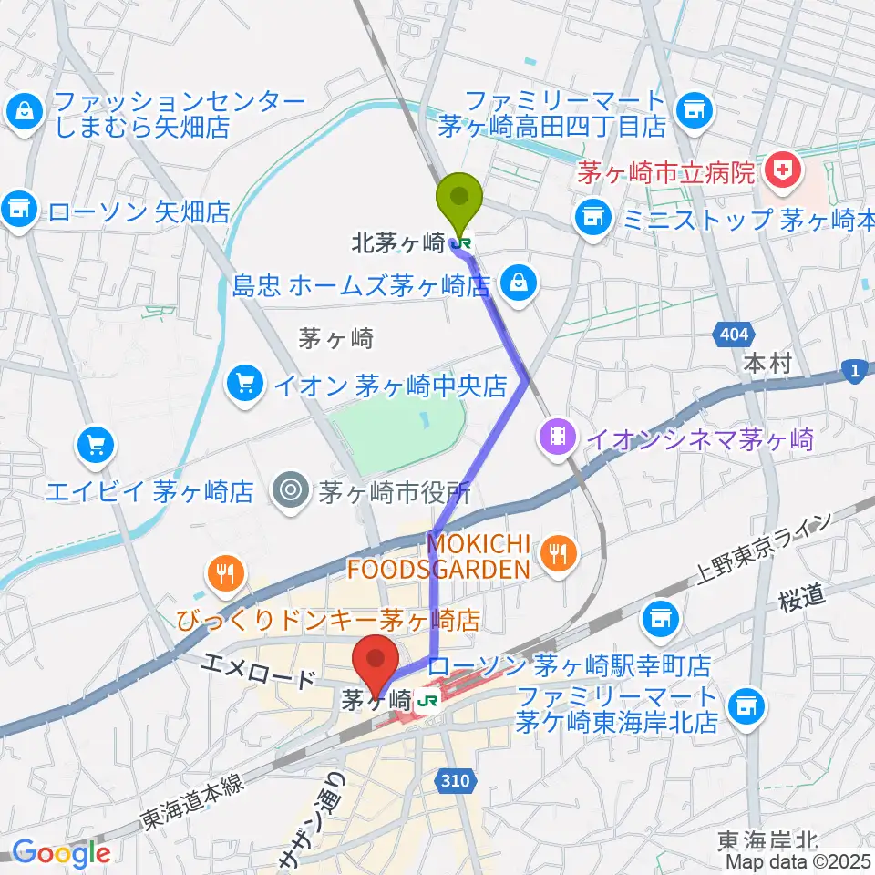 北茅ケ崎駅から長谷川楽器北口店へのルートマップ地図