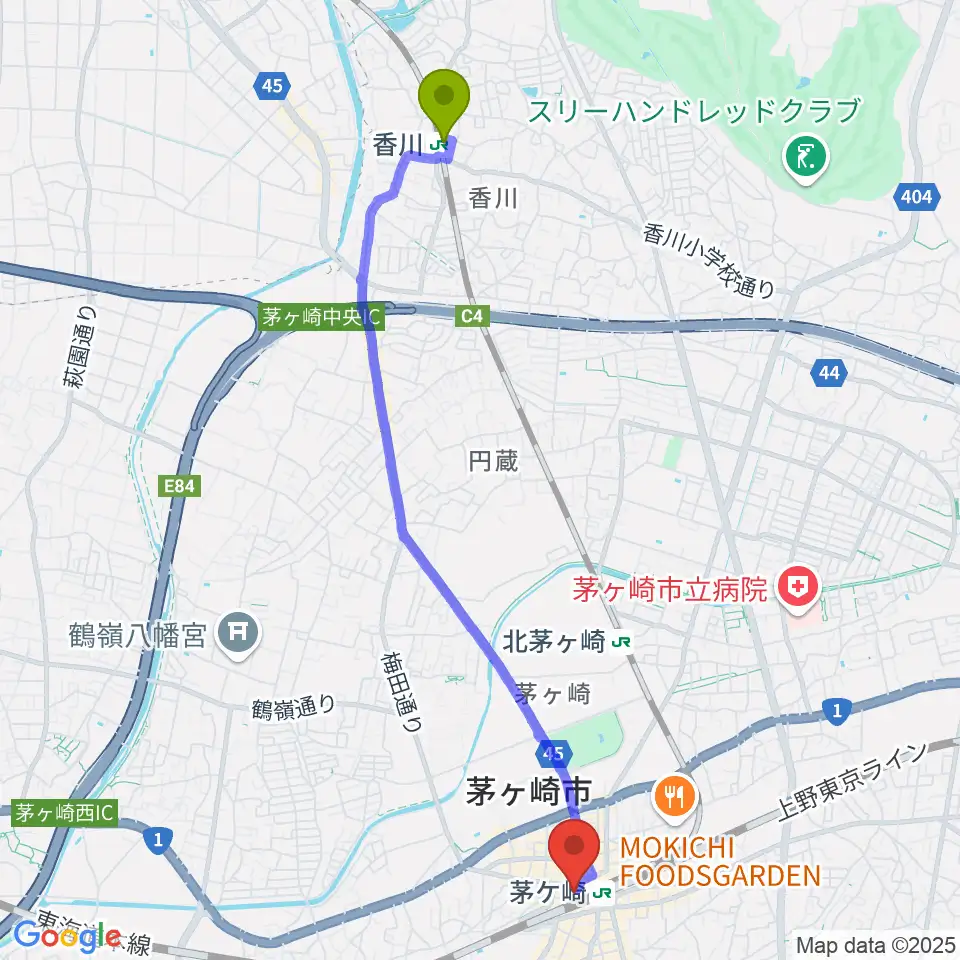 香川駅から長谷川楽器北口店へのルートマップ地図
