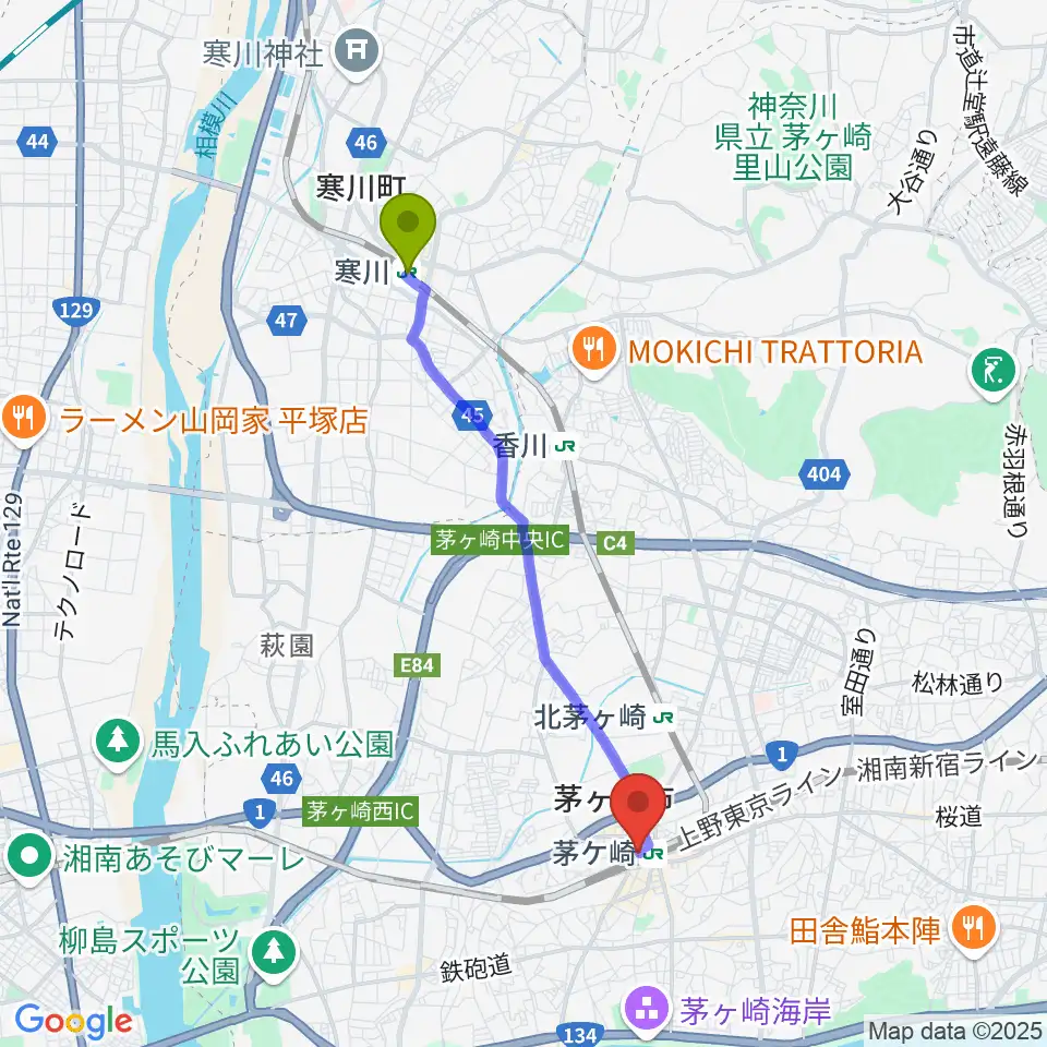 寒川駅から長谷川楽器北口店へのルートマップ地図