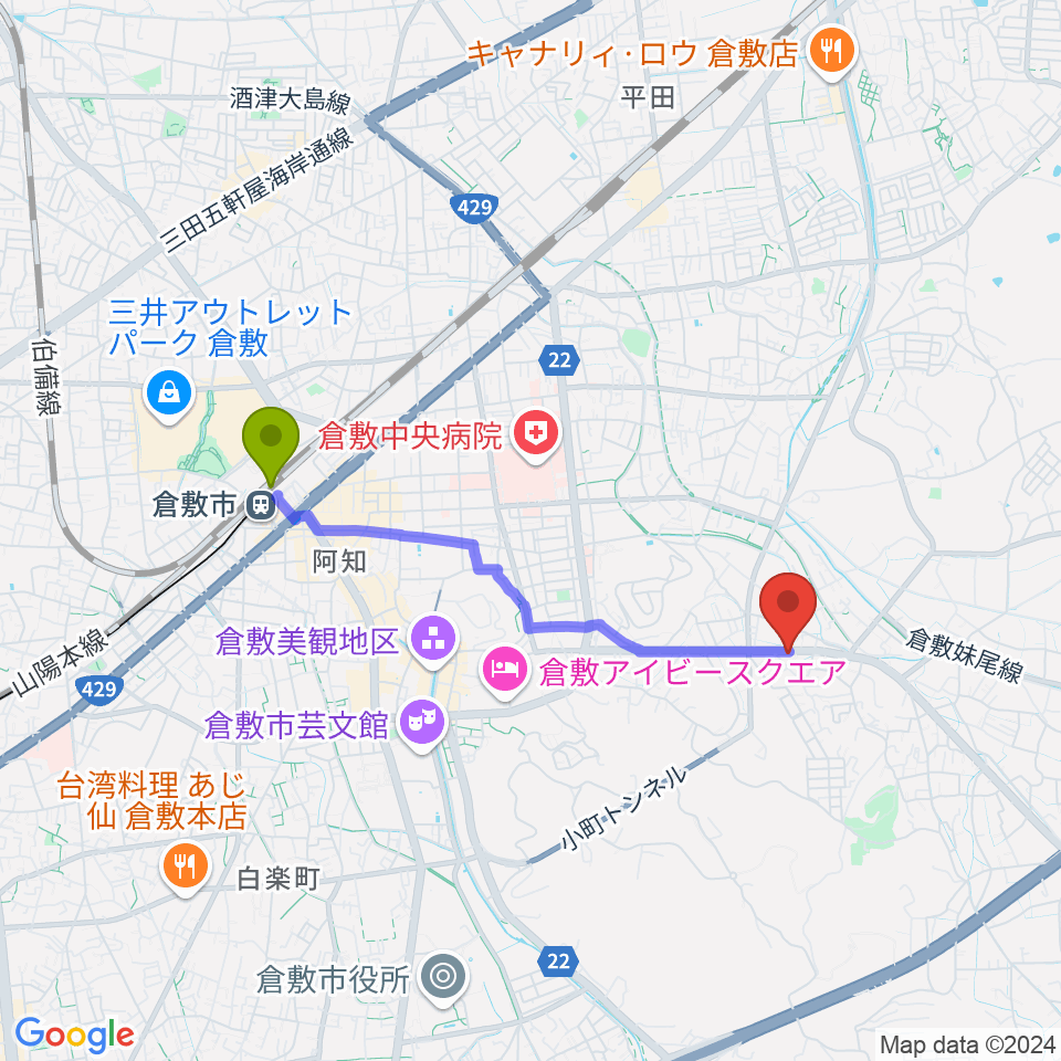 六ツ森楽器店の最寄駅倉敷駅からの徒歩ルート（約32分）地図