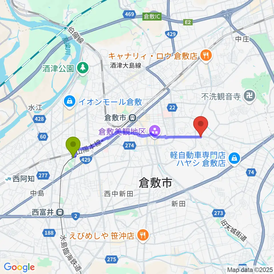 球場前駅から六ツ森楽器店へのルートマップ地図