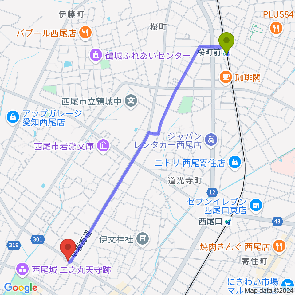 桜町前駅から中善楽器へのルートマップ地図