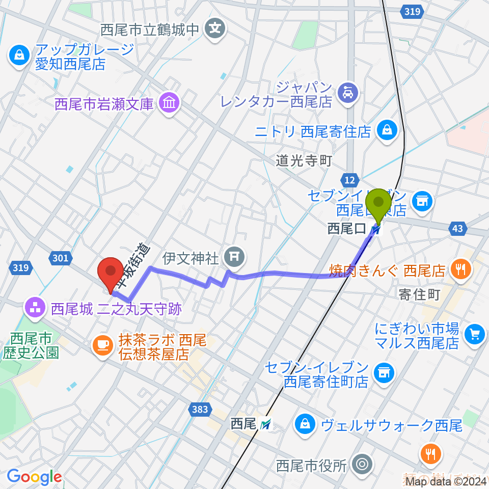 西尾口駅から中善楽器へのルートマップ地図