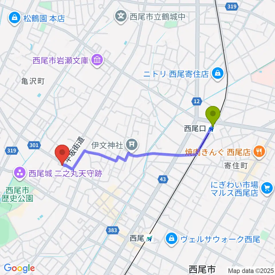 西尾口駅から中善楽器へのルートマップ地図