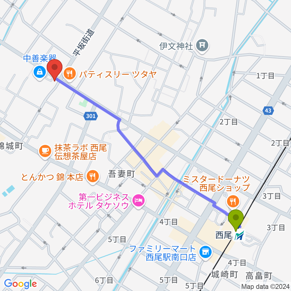 中善楽器の最寄駅西尾駅からの徒歩ルート（約13分）地図