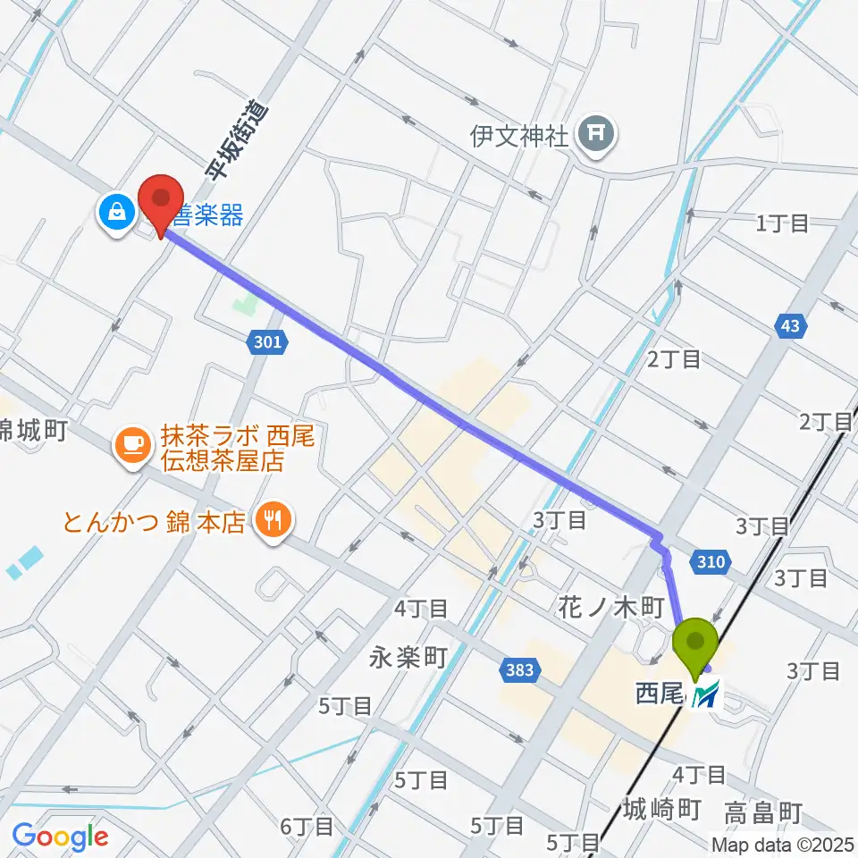 中善楽器の最寄駅西尾駅からの徒歩ルート（約13分）地図
