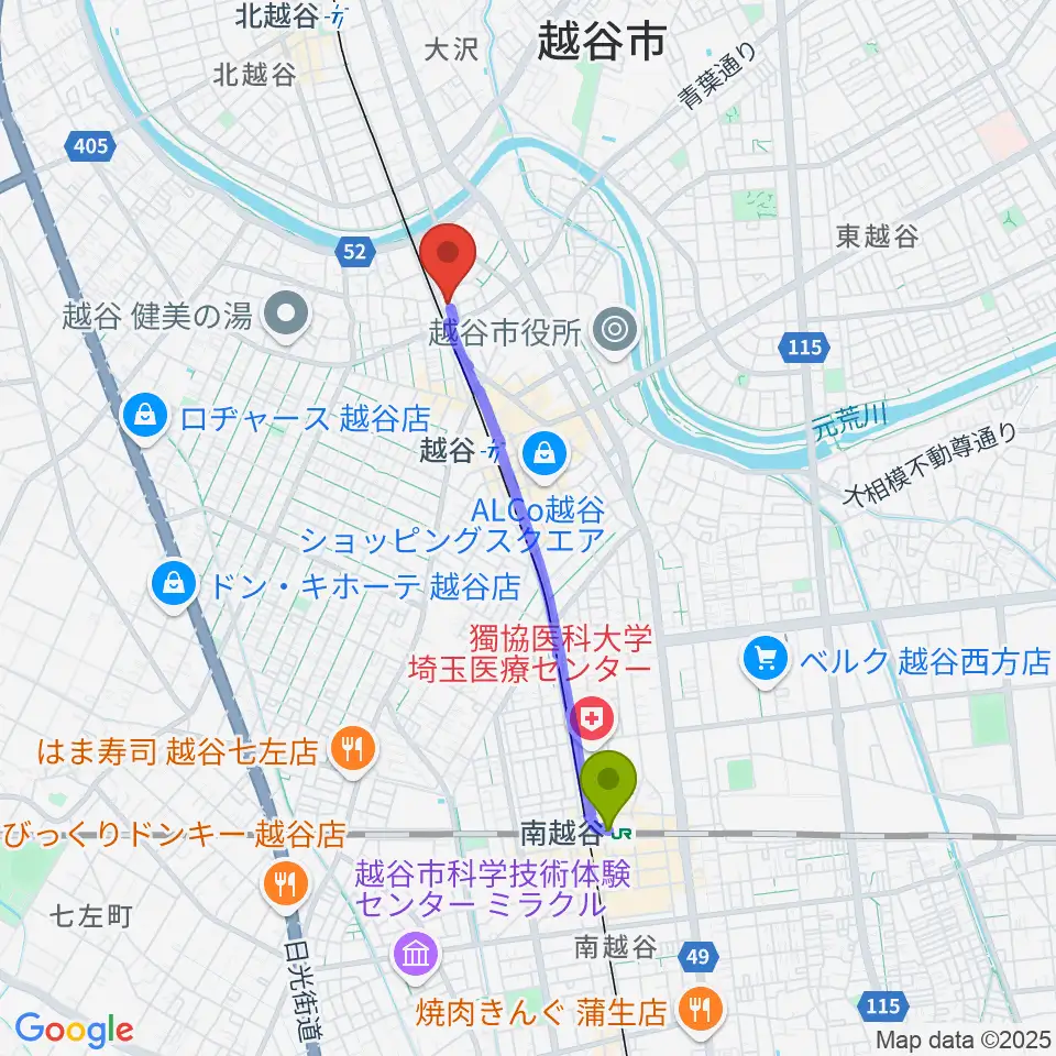 南越谷駅からネギシ楽器へのルートマップ地図