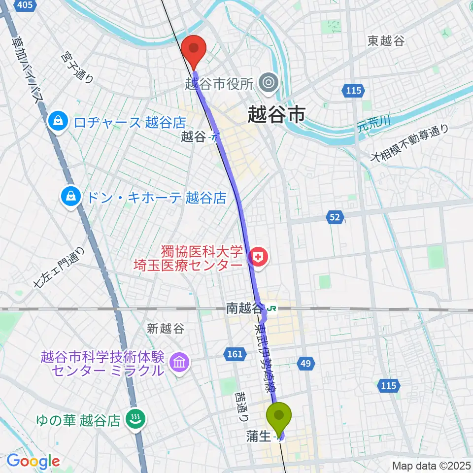 蒲生駅からネギシ楽器へのルートマップ地図