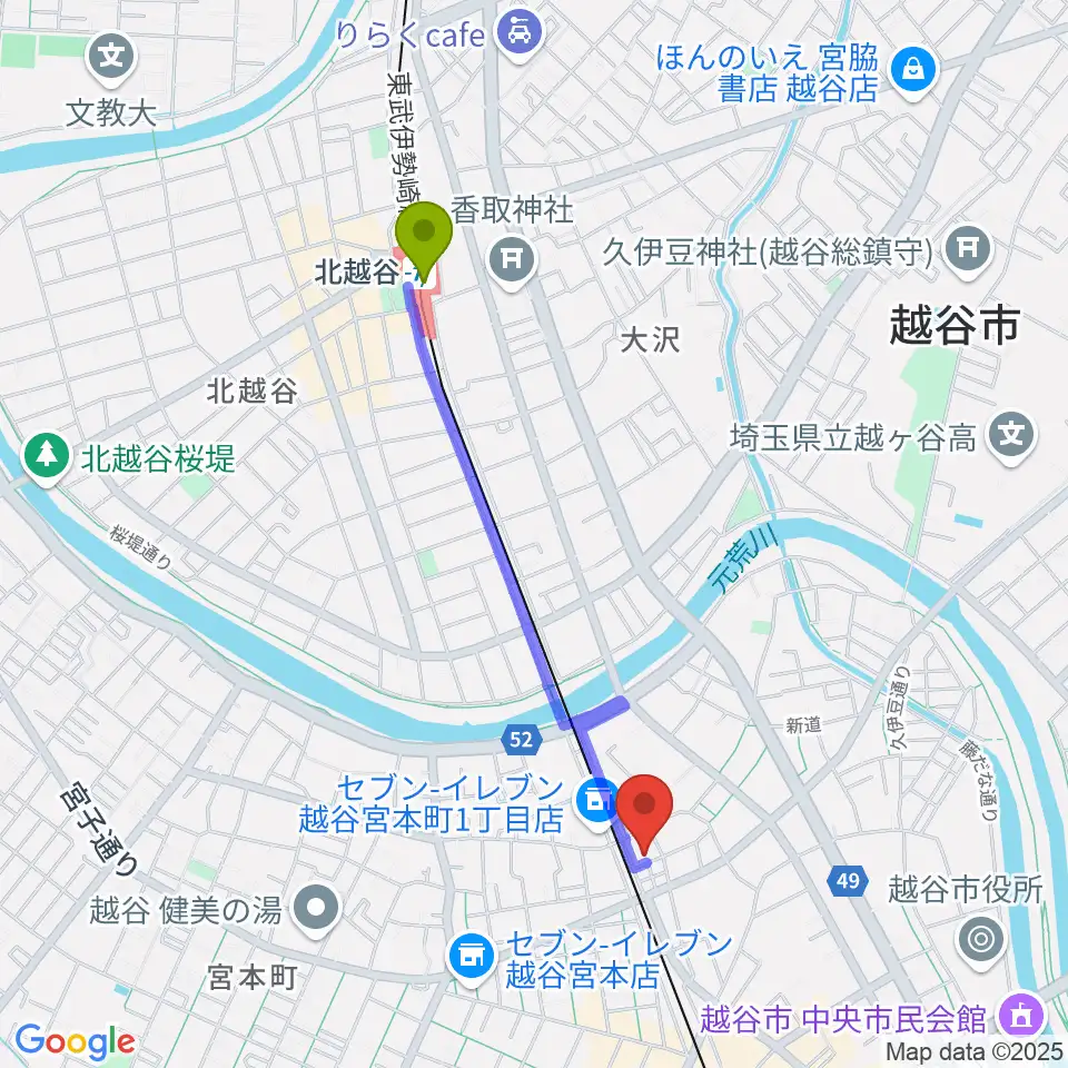 北越谷駅からネギシ楽器へのルートマップ地図