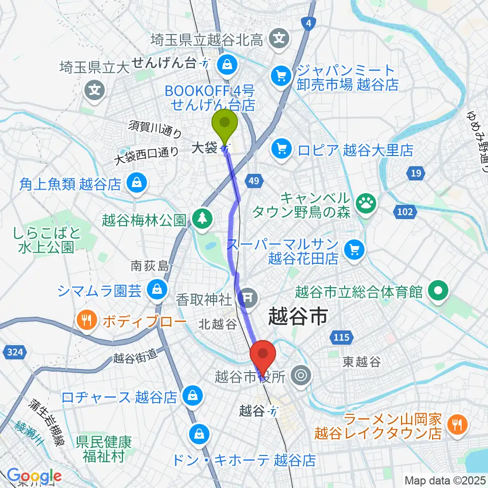 大袋駅からネギシ楽器へのルートマップ地図