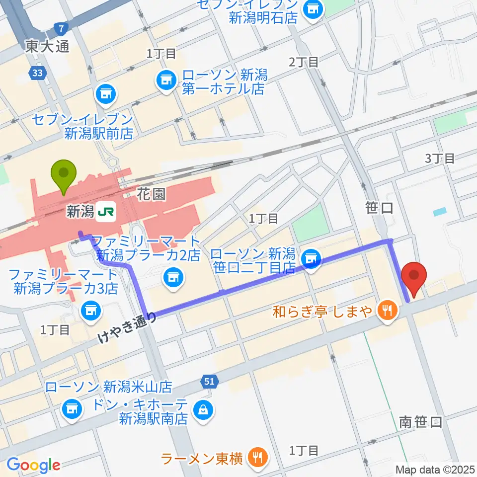 新潟中古楽器センター 新潟ショールームの最寄駅新潟駅からの徒歩ルート（約12分）地図