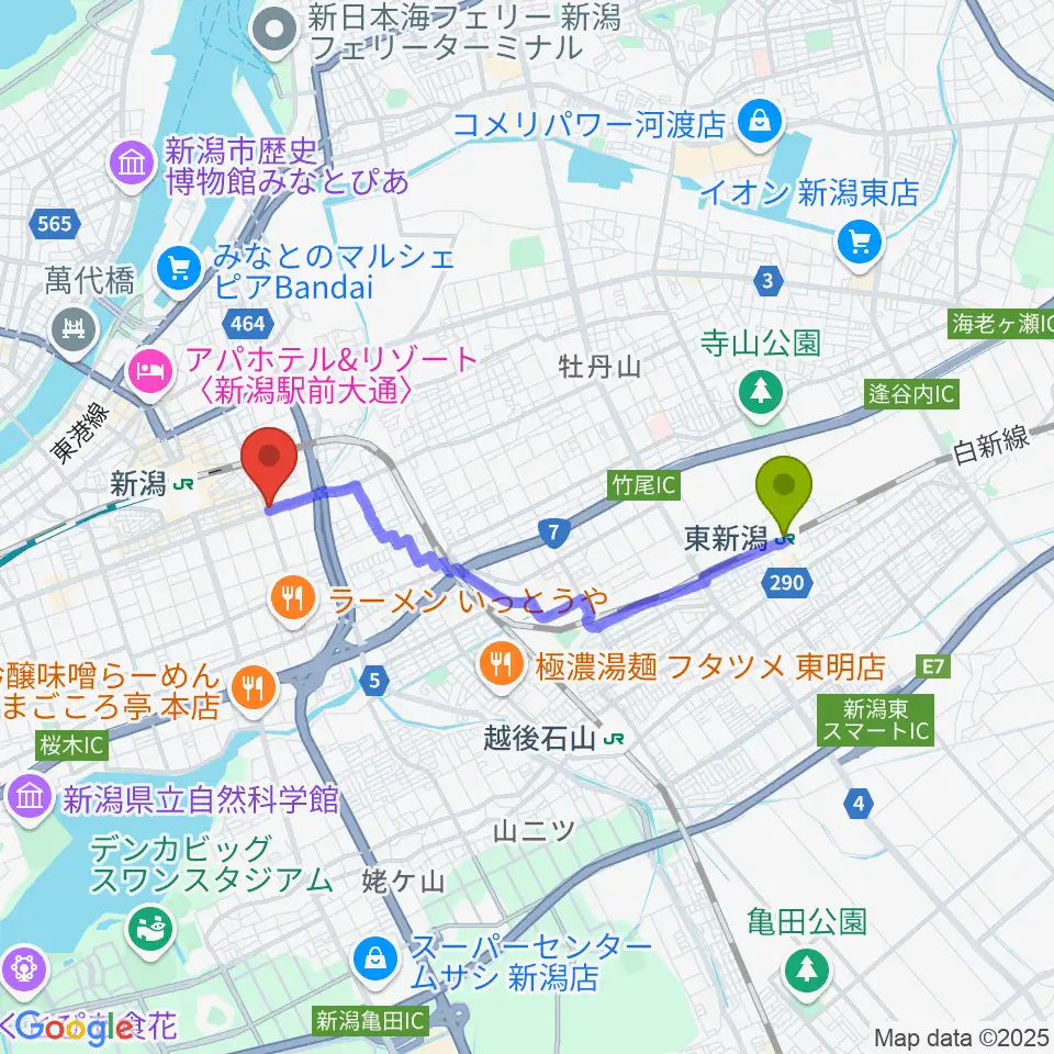 東新潟駅から新潟中古楽器センター 新潟ショールームへのルートマップ地図