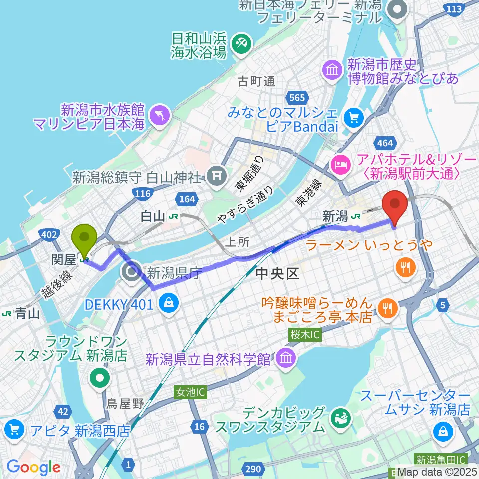 関屋駅から新潟中古楽器センター 新潟ショールームへのルートマップ地図