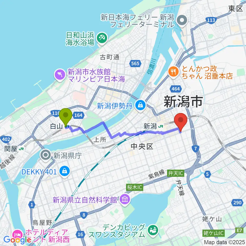 白山駅から新潟中古楽器センター 新潟ショールームへのルートマップ地図