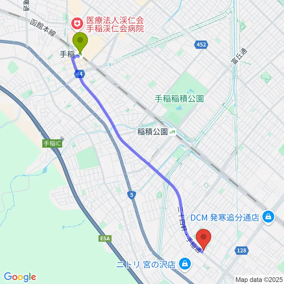 手稲駅からエルム楽器札幌本店へのルートマップ地図