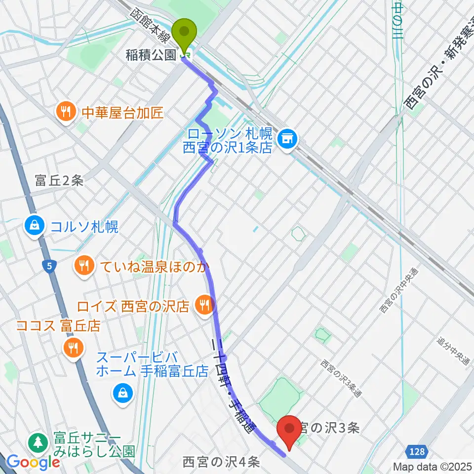 稲積公園駅からエルム楽器札幌本店へのルートマップ地図