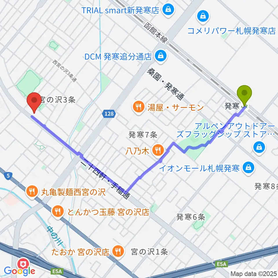 エルム楽器札幌本店の最寄駅発寒駅からの徒歩ルート（約21分）地図