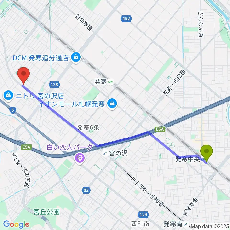 発寒中央駅からエルム楽器札幌本店へのルートマップ地図