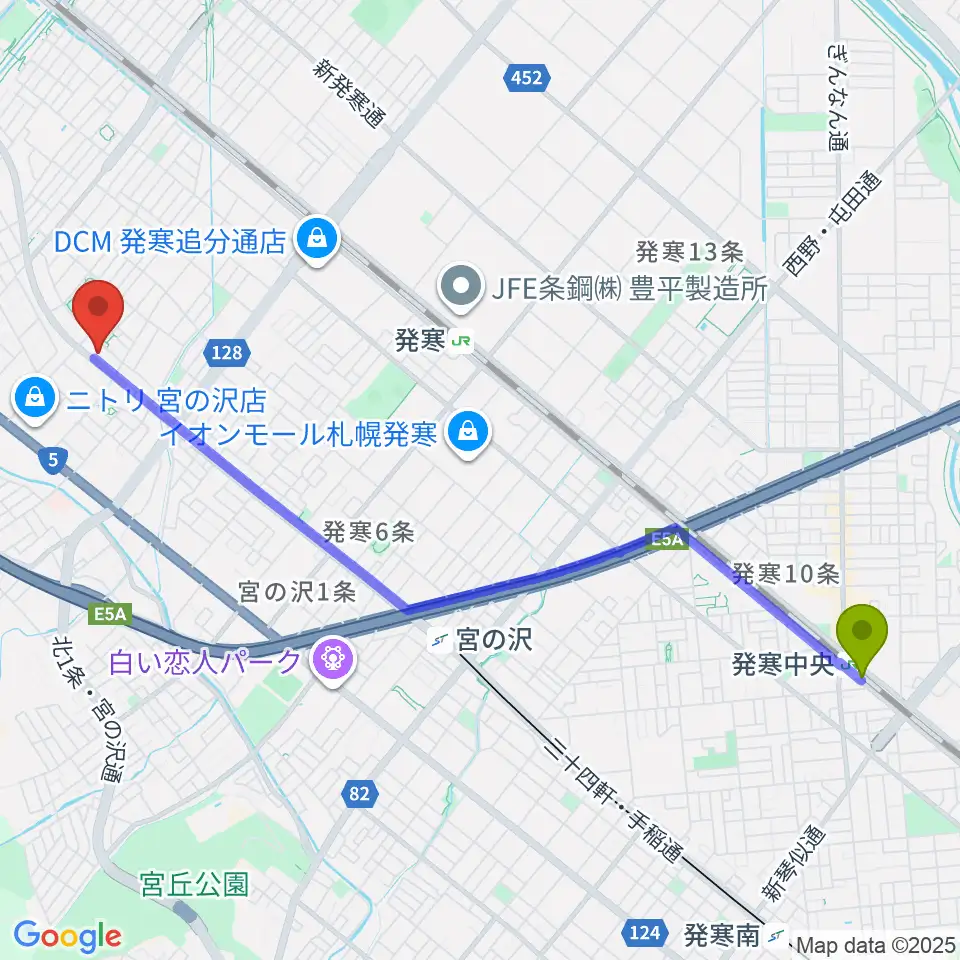 発寒中央駅からエルム楽器札幌本店へのルートマップ地図