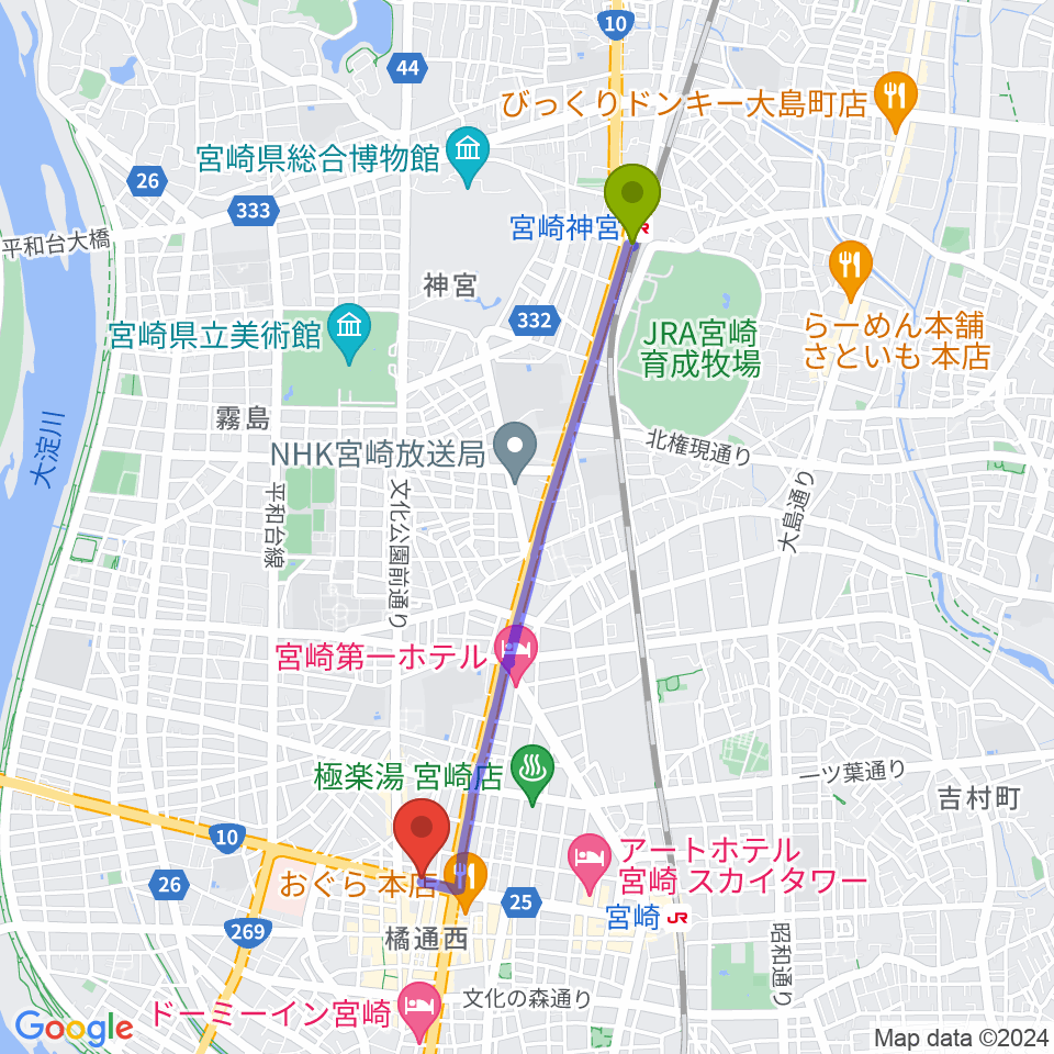 宮崎神宮駅から西村楽器 micc本店へのルートマップ地図