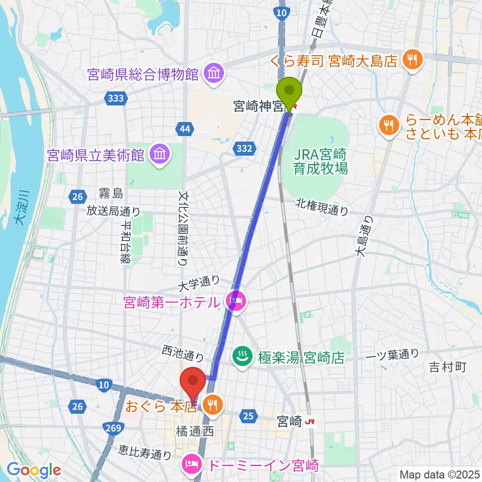 宮崎神宮駅から西村楽器 micc本店へのルートマップ地図