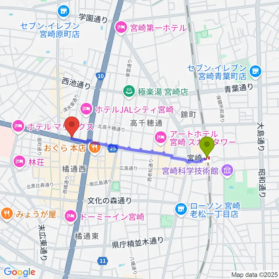 西村楽器 micc本店の最寄駅宮崎駅からの徒歩ルート（約16分）地図