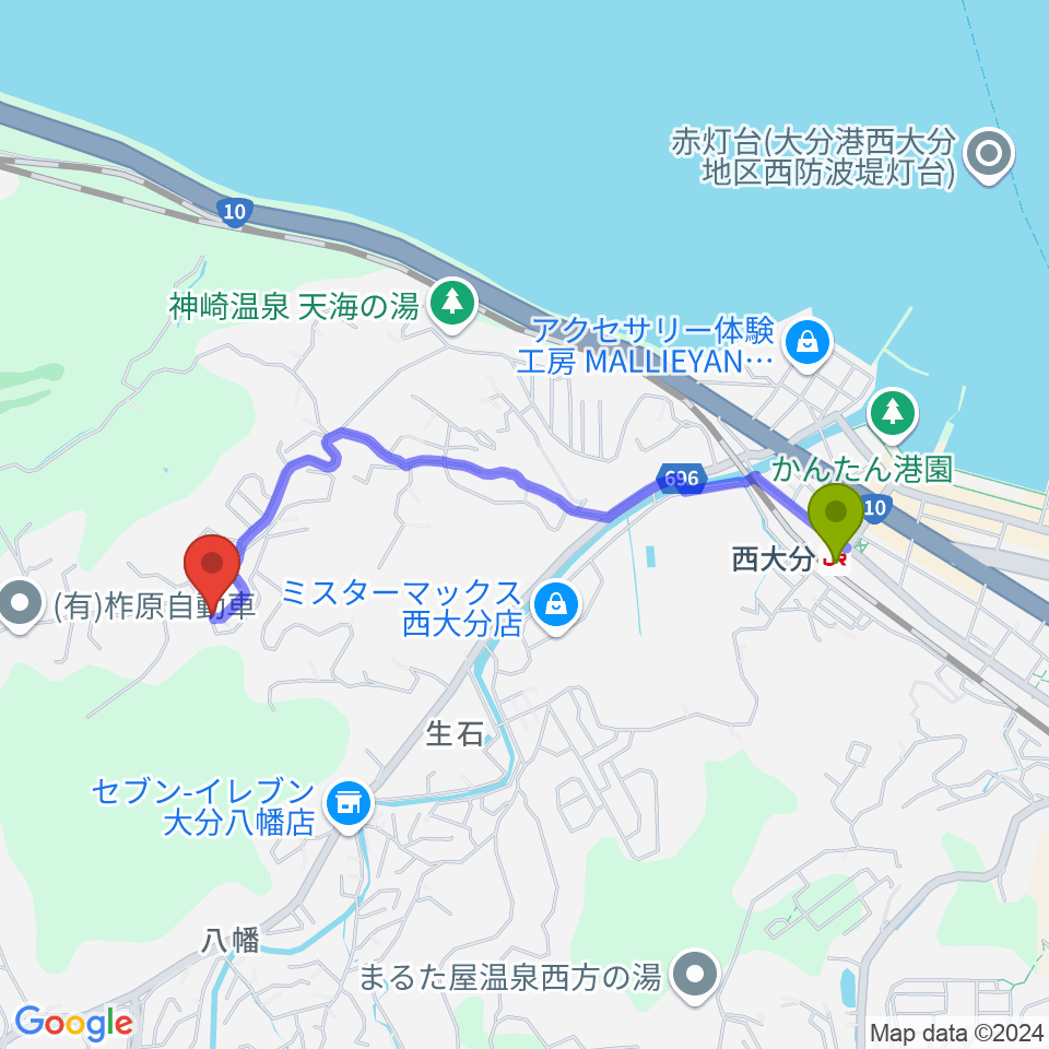 西日本弦楽器の最寄駅西大分駅からの徒歩ルート（約19分）地図