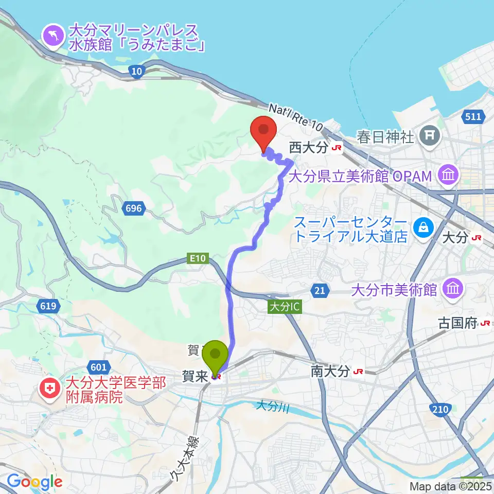 賀来駅から西日本弦楽器へのルートマップ地図