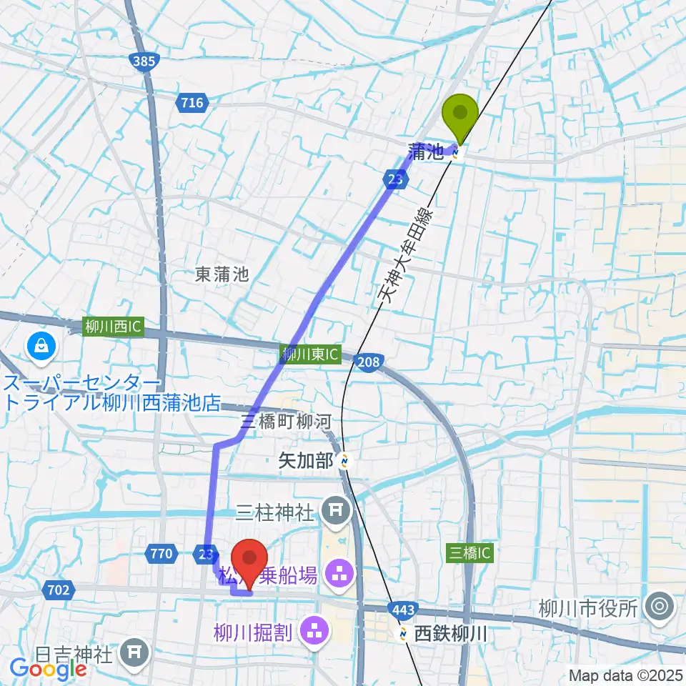 蒲池駅から小川楽器 柳川店へのルートマップ地図