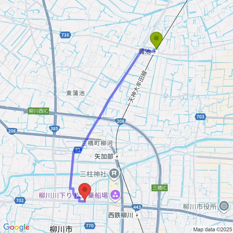 蒲池駅から小川楽器 柳川店へのルートマップ地図