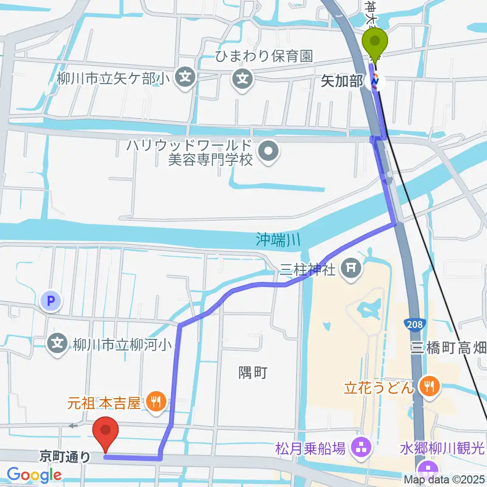 矢加部駅から小川楽器 柳川店へのルートマップ地図