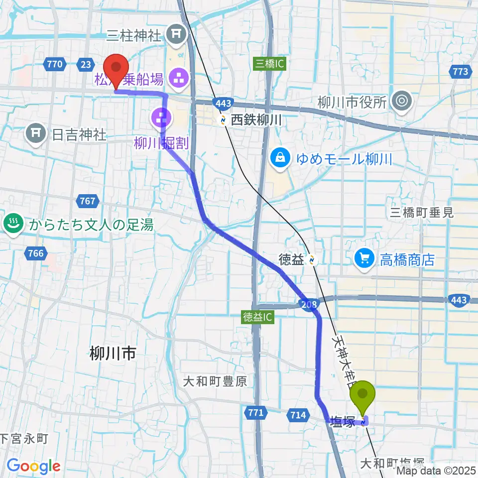 塩塚駅から小川楽器 柳川店へのルートマップ地図