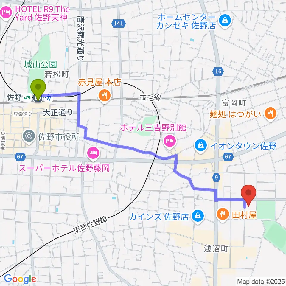 オンダ楽器の最寄駅佐野駅からの徒歩ルート（約25分）地図